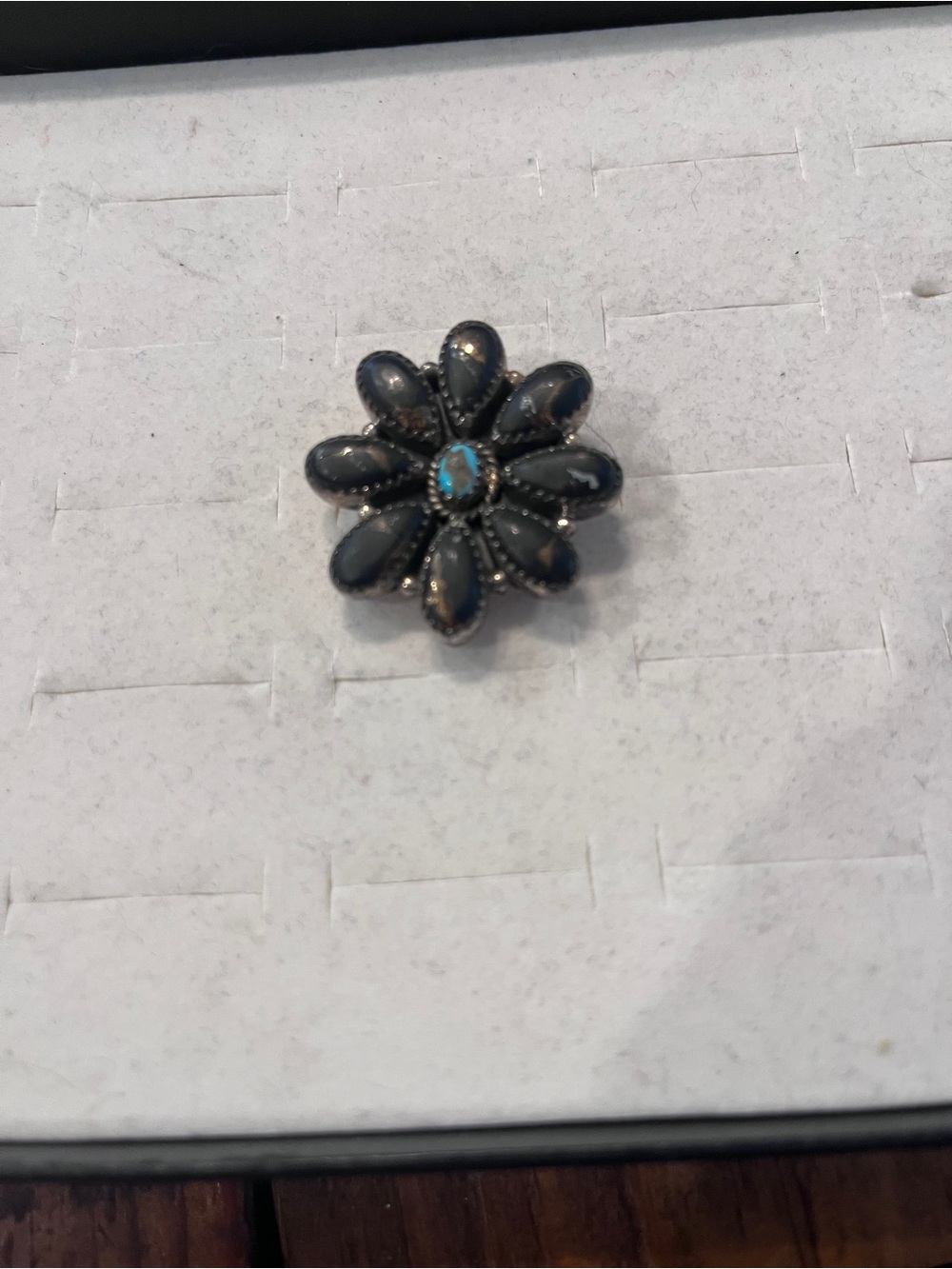 Sterling Silver Floral Cluster ring with black dahlia and King man turquoise
